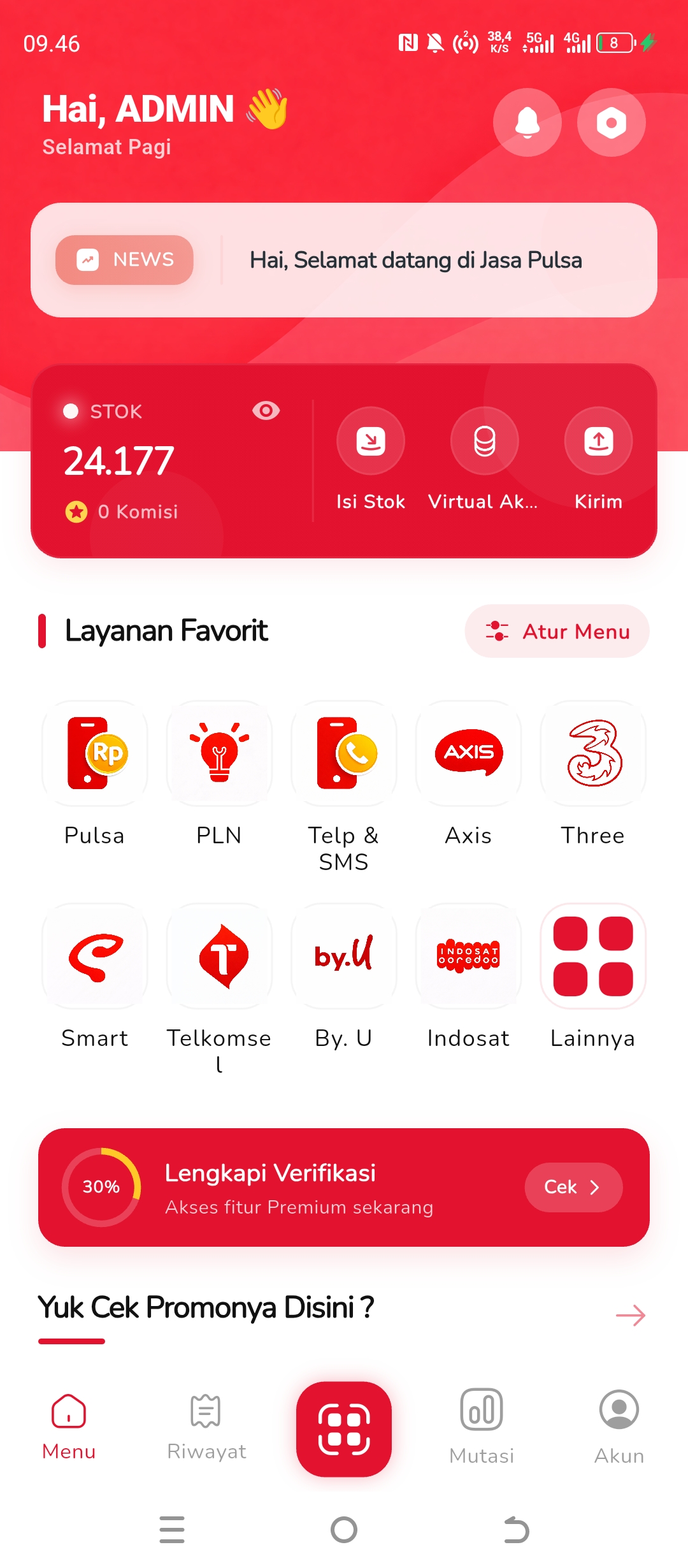 Tampilan aplikasi CV. JASA PULSA